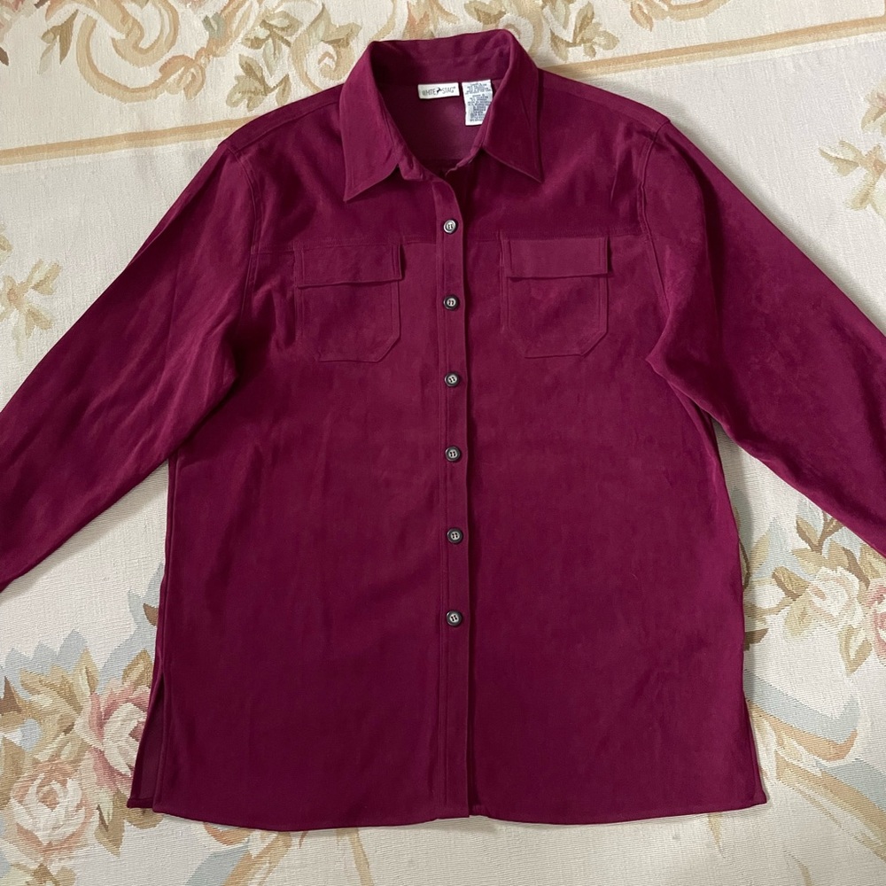 Large, burgundy cranberry mole skin, button-down shirt, or layering jacket